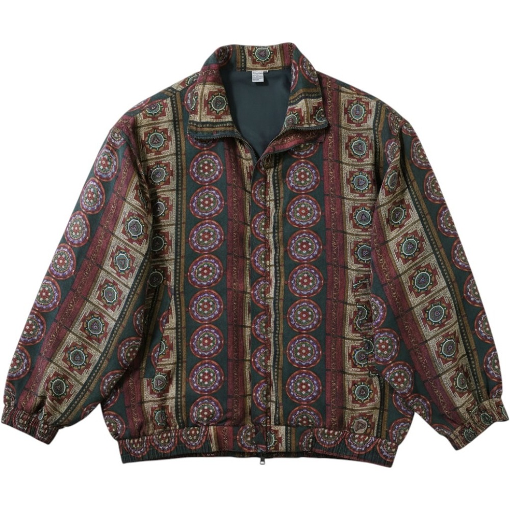 Vintage CoAco Silk Jacket Womens Large Green Medallion Print Full Zip Bomber 90s